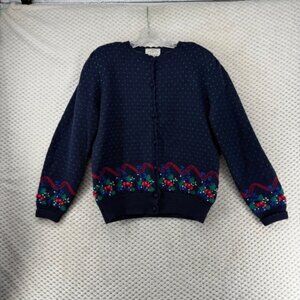 Susan Bristol Wool Knit Cardigan Sweater Worsted Hand Embroidered Floral 1989 M
